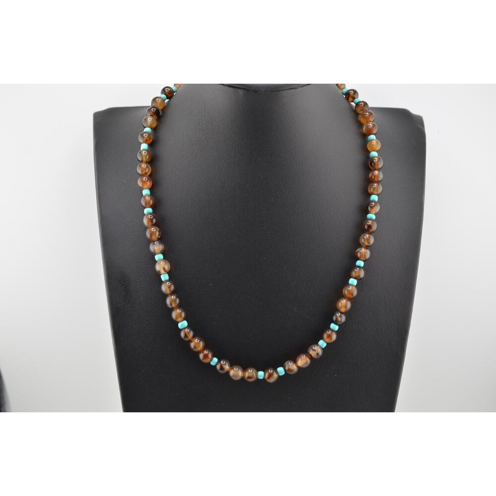 Navajo Mary W. Roanhorse Carved Brown Agate and Glass Necklace